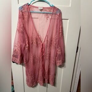 Umgee Pink lace Mix Sheer tie Front Kimono long coverup cardigan